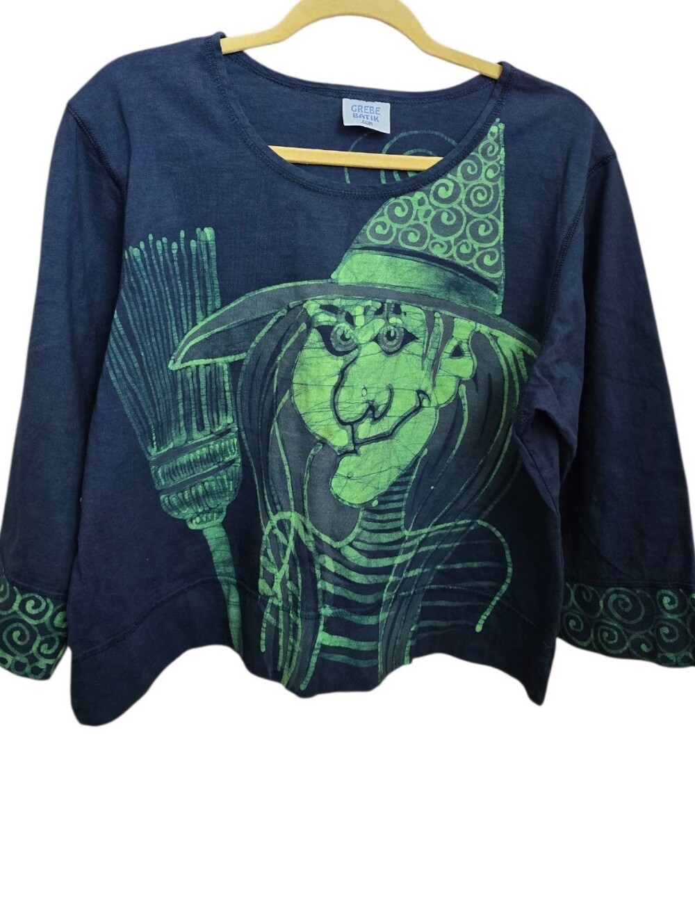 GREBE BATIK Hand Painted Witch Graphic Top in USA Size M/L Halloween Vintage